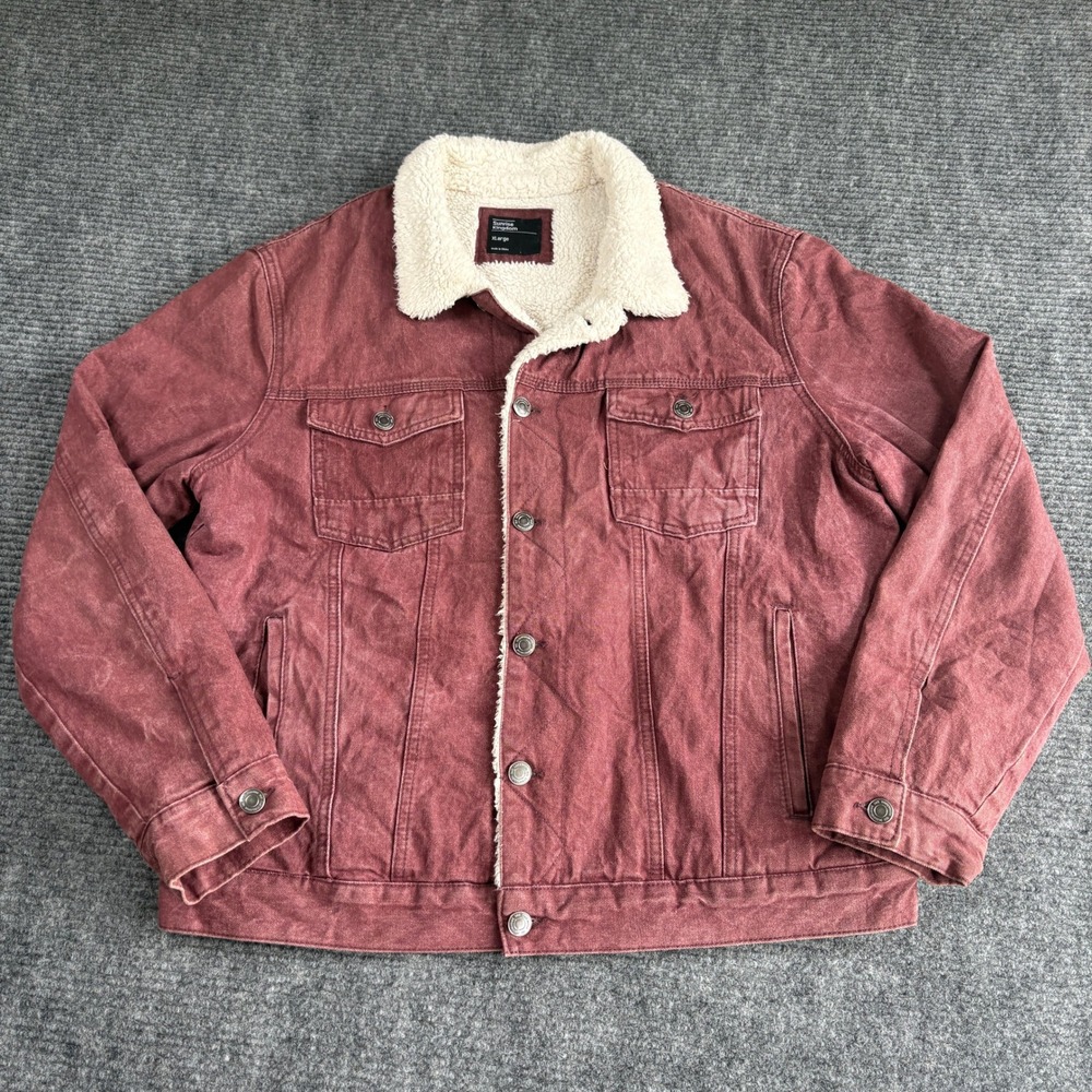 Sunrise Kingdom Mens Sherpa Lined Denim Trucker Jacket Maroon Burgundy XL